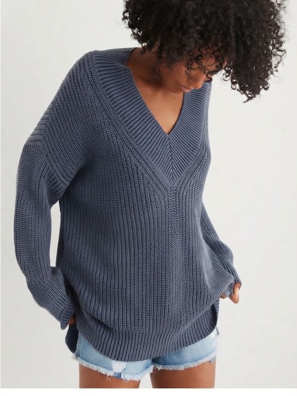 Aerie Oversized Ribbed V-Neck Chunky Knit Sweater Pullover - #